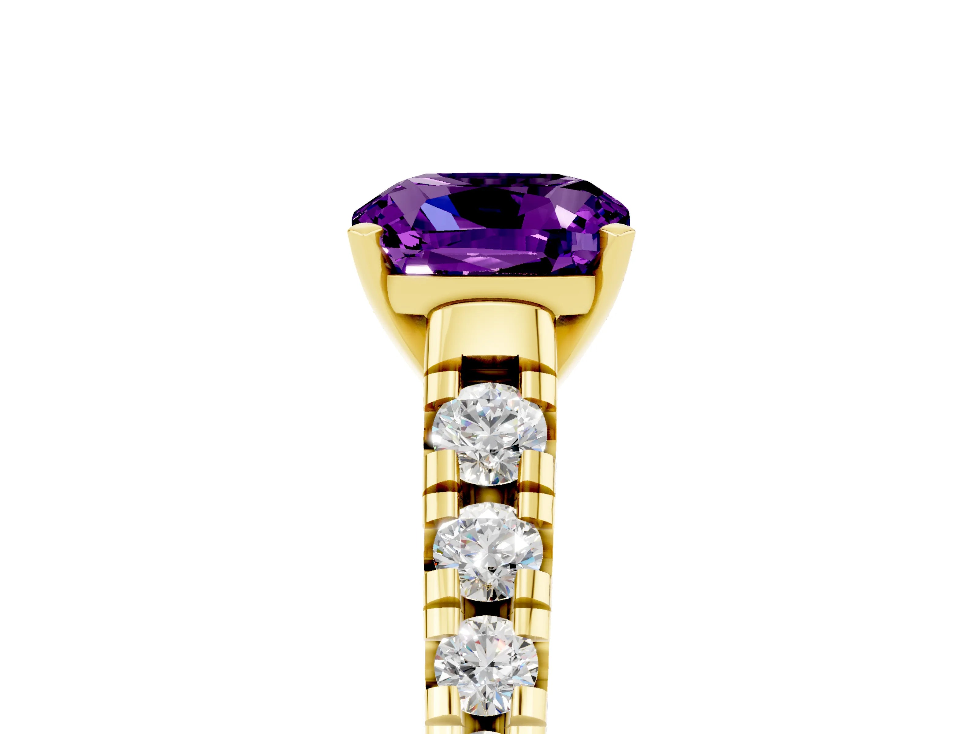 Yellow gold Cushion Cut Amethyst Solitaire Ring with Cathedral Setting and Pavé Band_5