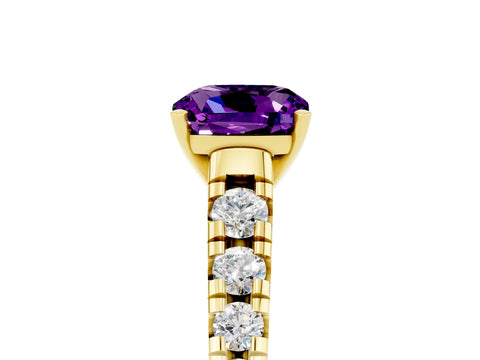 Yellow gold Cushion Cut Amethyst Solitaire Ring with Cathedral Setting and Pavé Band_5