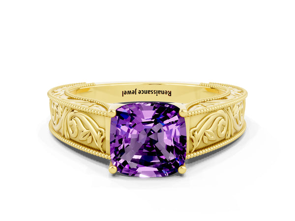 Yellow gold Cushion Cut Amethyst Solitaire Ring with Engraved Band and Four-Prong Setting