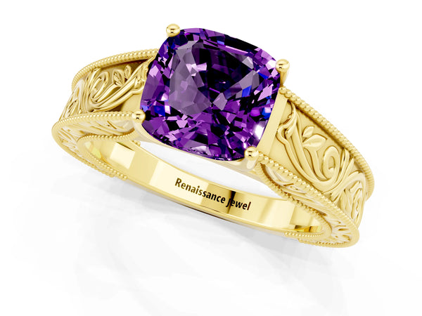 Yellow gold Cushion Cut Amethyst Solitaire Ring with Engraved Band and Four-Prong Setting