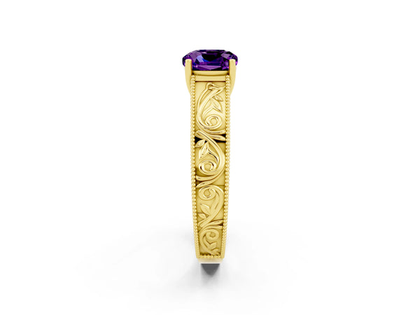 Yellow gold Cushion Cut Amethyst Solitaire Ring with Engraved Band and Four-Prong Setting
