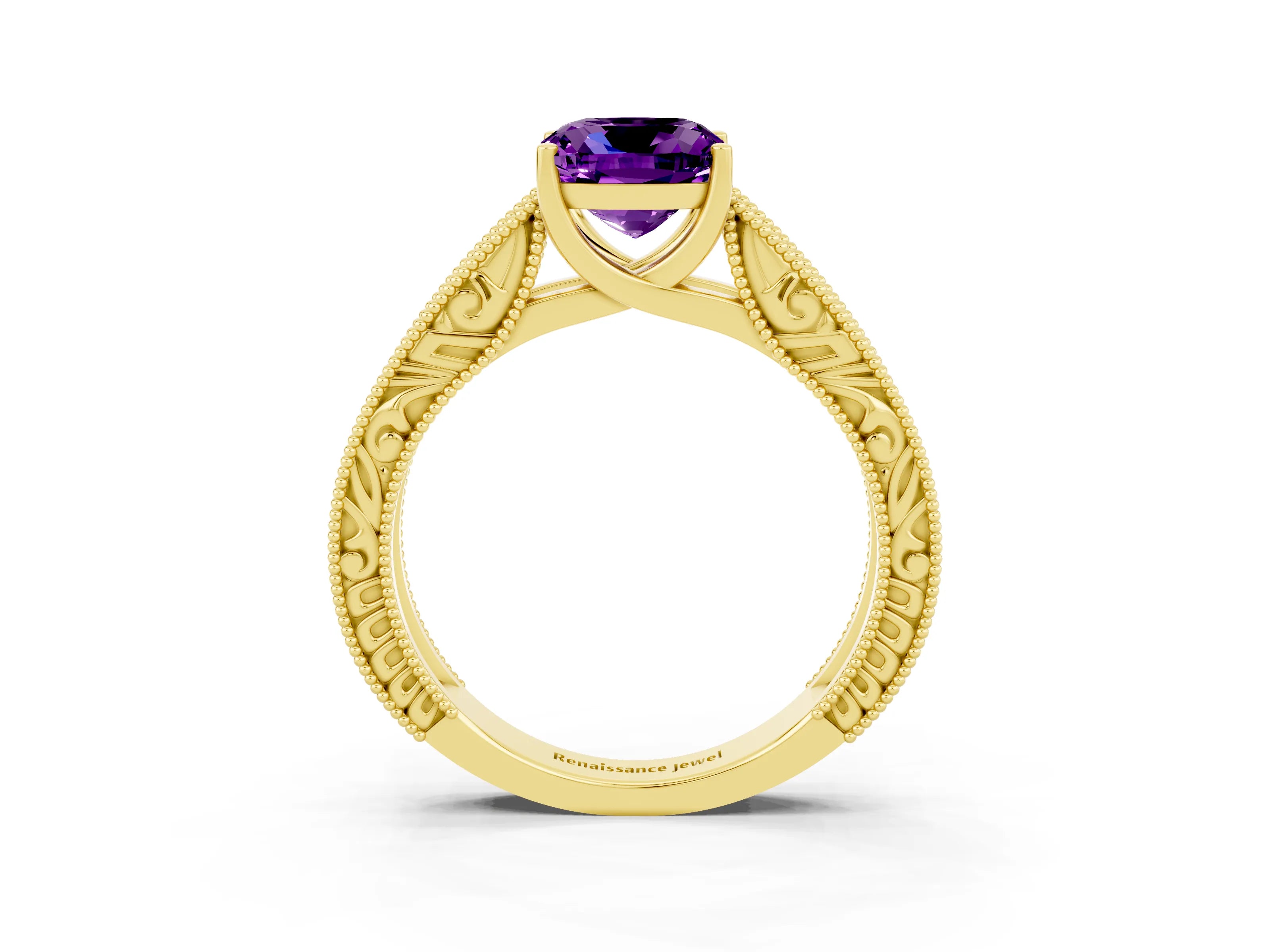 Yellow gold Cushion Cut Amethyst Solitaire Ring with Engraved Band and Four-Prong Setting_3