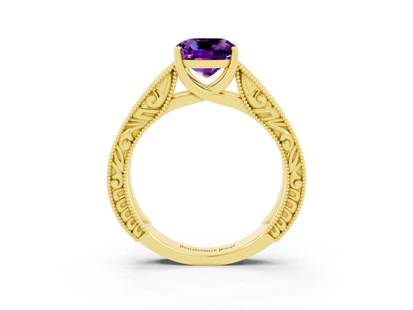 Yellow gold Cushion Cut Amethyst Solitaire Ring with Engraved Band and Four-Prong Setting