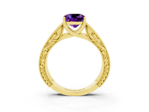 Yellow gold Cushion Cut Amethyst Solitaire Ring with Engraved Band and Four-Prong Setting_3