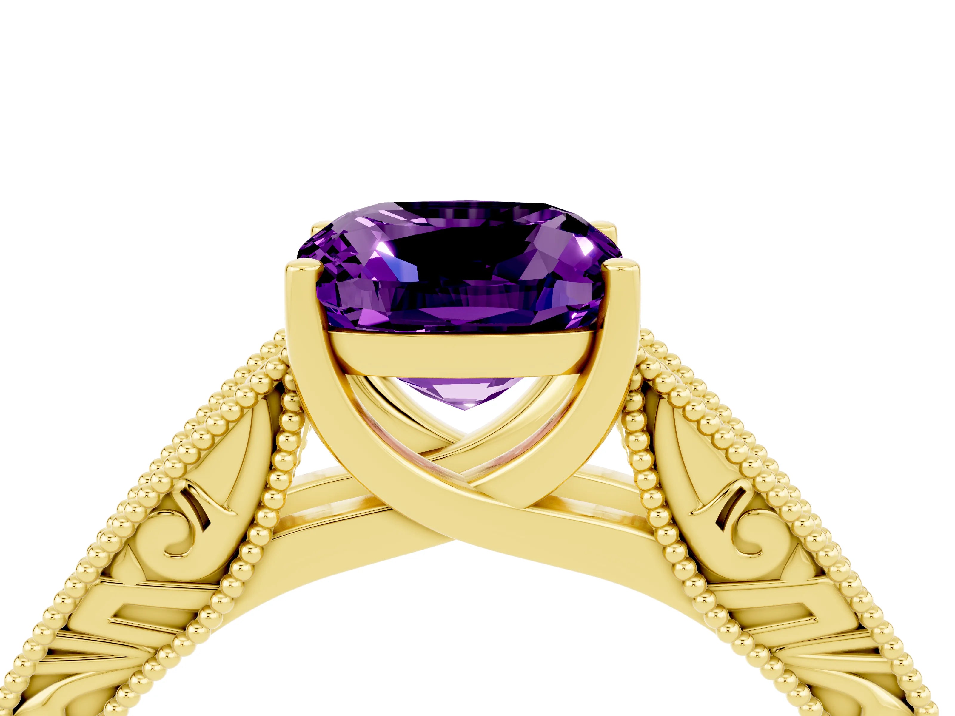 Yellow gold Cushion Cut Amethyst Solitaire Ring with Engraved Band and Four-Prong Setting_4