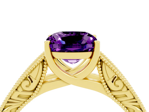 Yellow gold Cushion Cut Amethyst Solitaire Ring with Engraved Band and Four-Prong Setting_4