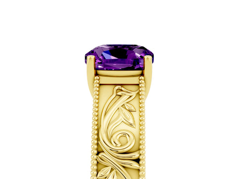 Yellow gold Cushion Cut Amethyst Solitaire Ring with Engraved Band and Four-Prong Setting_5