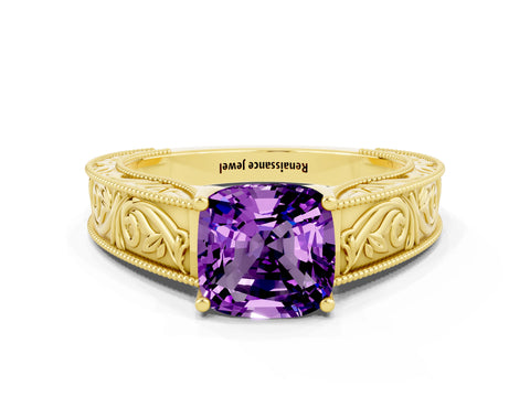Yellow gold Cushion Cut Amethyst Solitaire Ring with Engraved Band and Four-Prong Setting