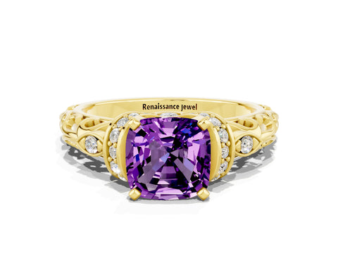 Yellow gold Cushion Cut Amethyst Solitaire Ring with Filigree Band and Four-Prong Setting_24