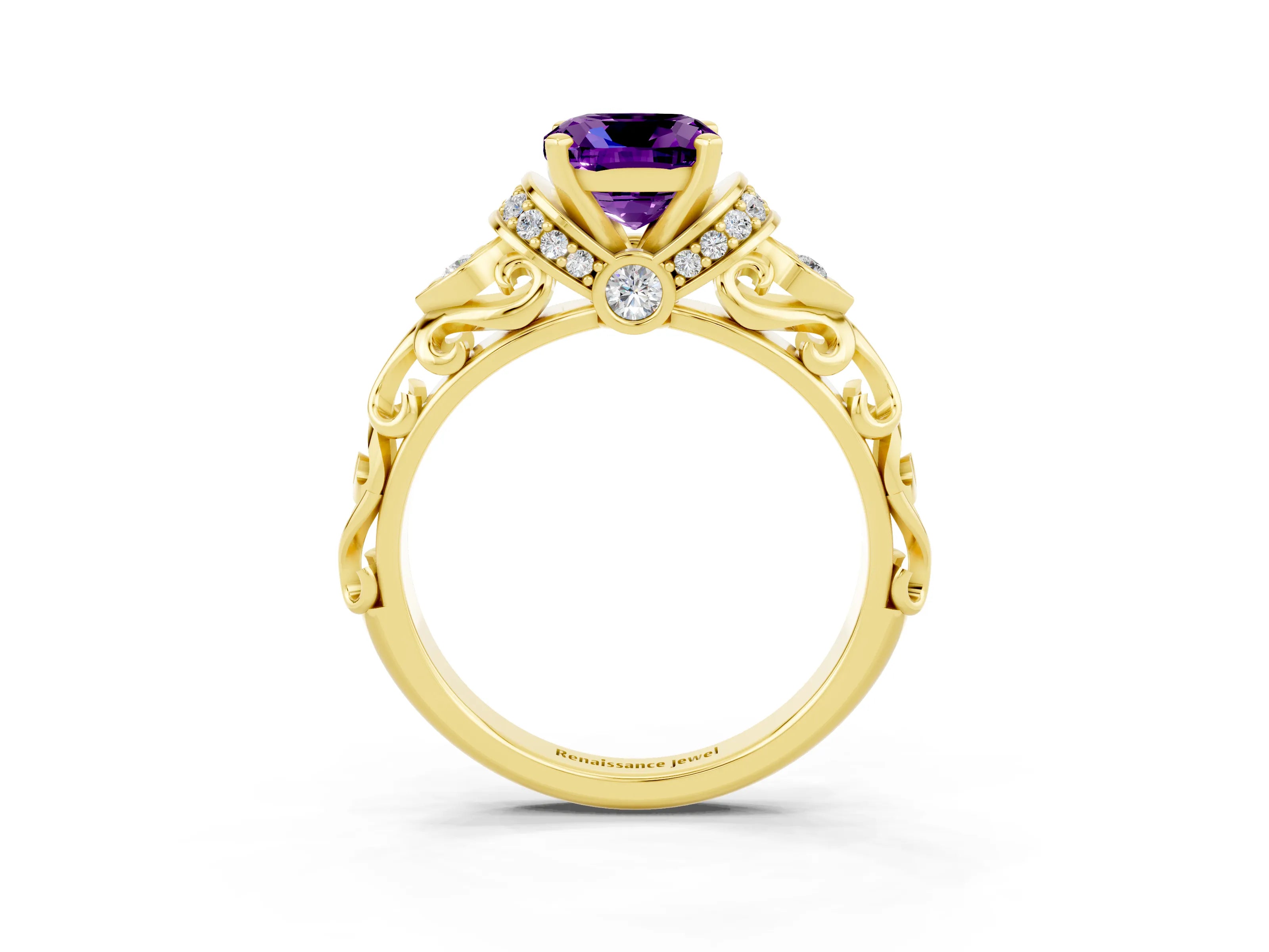 Yellow gold Cushion Cut Amethyst Solitaire Ring with Filigree Band and Four-Prong Setting_25