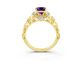 Yellow gold Cushion Cut Amethyst Solitaire Ring with Filigree Band and Four-Prong Setting_25