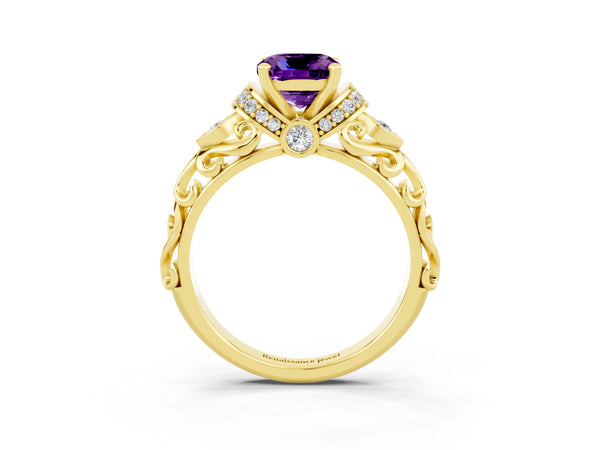 Yellow gold Cushion Cut Amethyst Solitaire Ring with Filigree Band and Four-Prong Setting