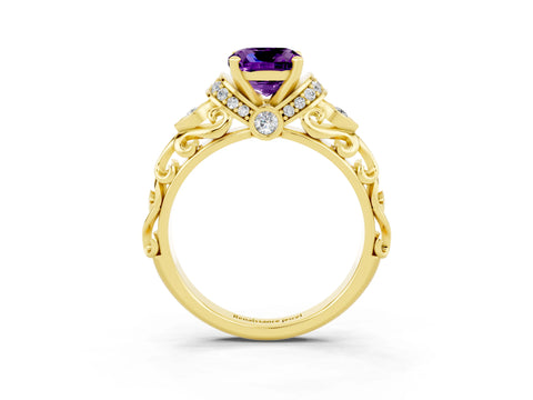 Yellow gold Cushion Cut Amethyst Solitaire Ring with Filigree Band and Four-Prong Setting_25