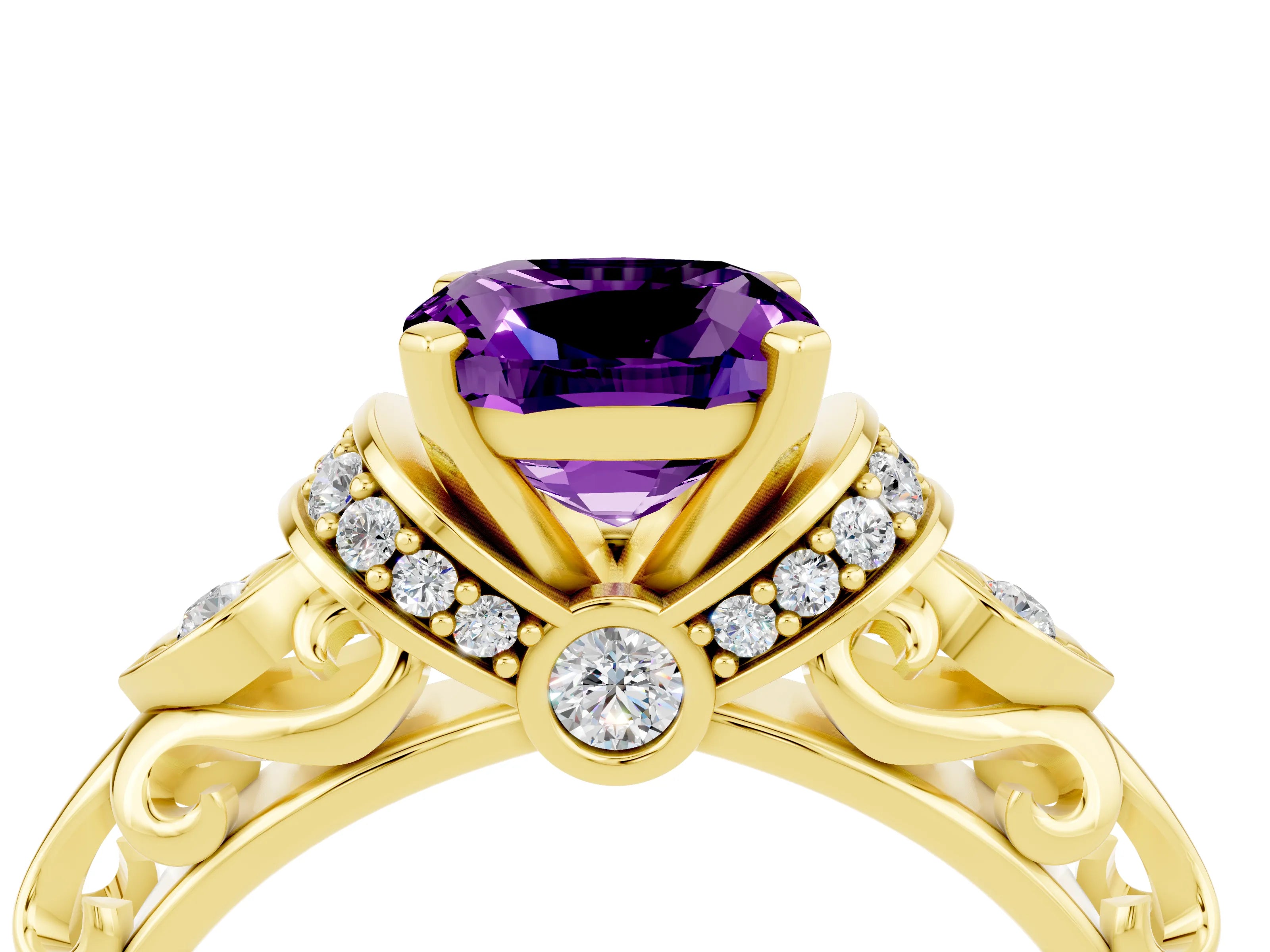 Yellow gold Cushion Cut Amethyst Solitaire Ring with Filigree Band and Four-Prong Setting_26