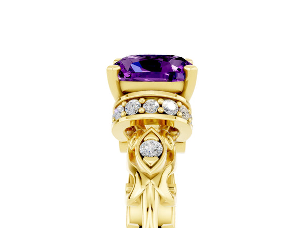 Yellow gold Cushion Cut Amethyst Solitaire Ring with Filigree Band and Four-Prong Setting