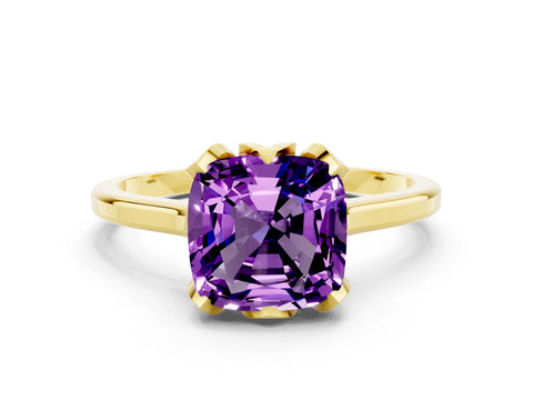 Yellow gold Cushion Cut Amethyst Solitaire Ring with Flower Prong Setting and Classic Band_12