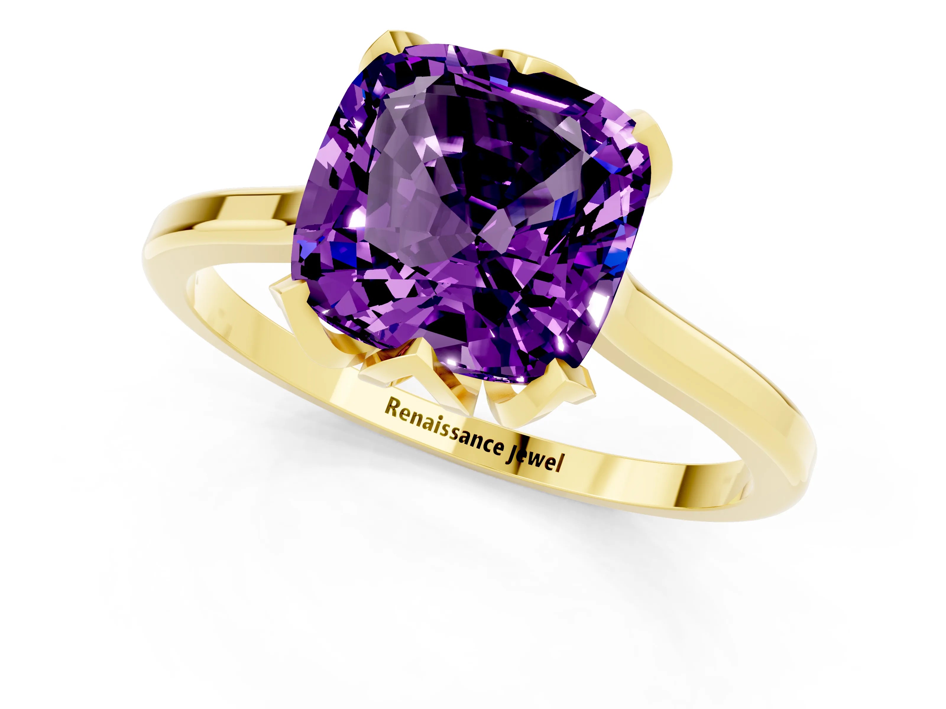 Yellow gold Cushion Cut Amethyst Solitaire Ring with Flower Prong Setting and Classic Band_13