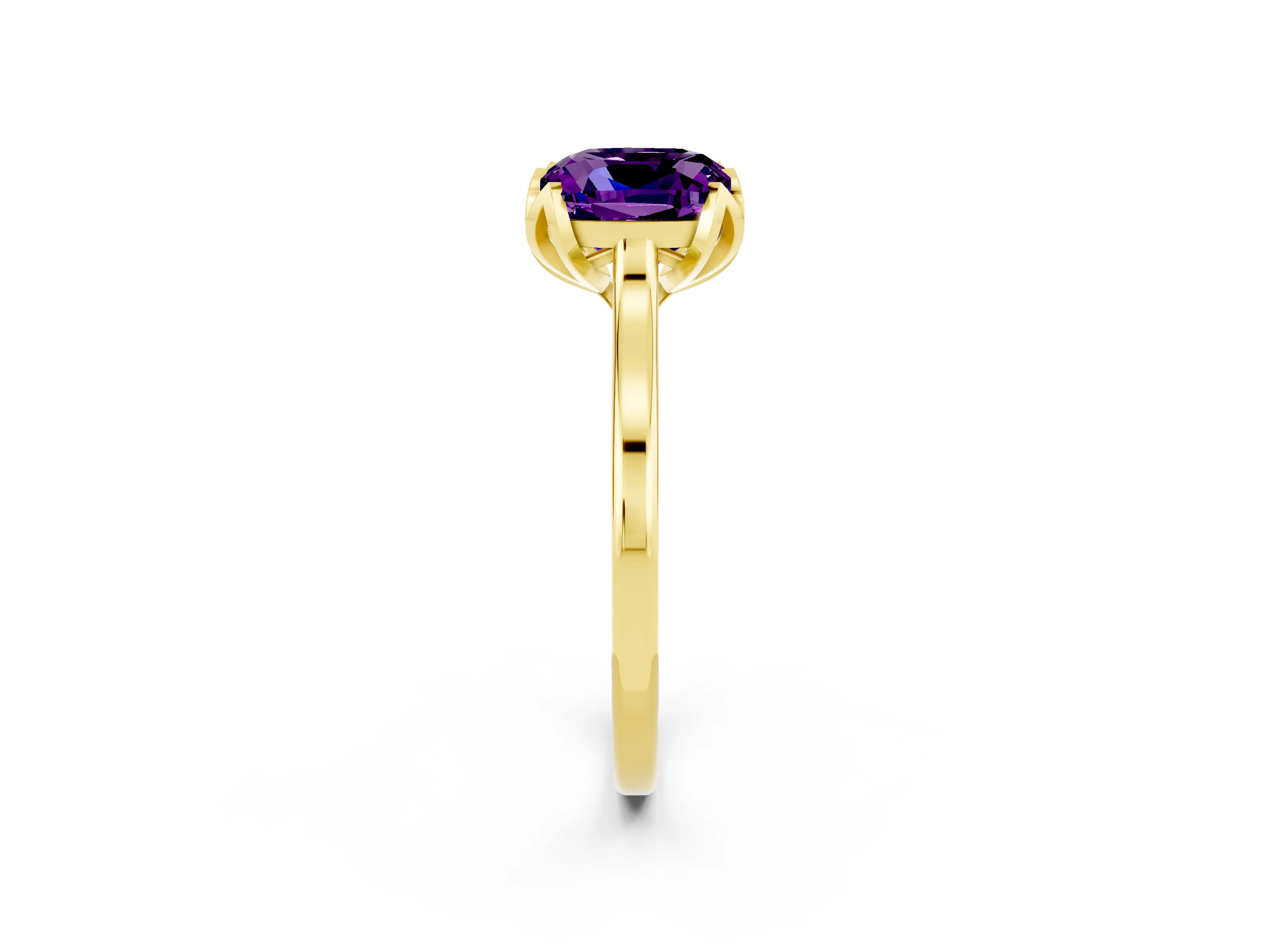 Yellow gold Cushion Cut Amethyst Solitaire Ring with Flower Prong Setting and Classic Band_14