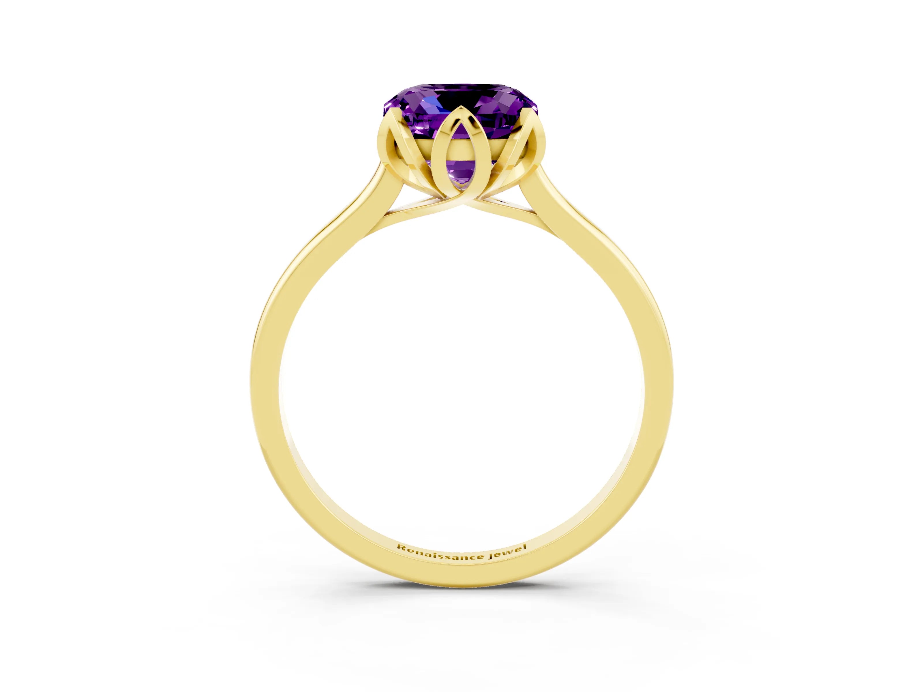 Yellow gold Cushion Cut Amethyst Solitaire Ring with Flower Prong Setting and Classic Band_15