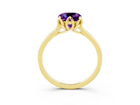 Yellow gold Cushion Cut Amethyst Solitaire Ring with Flower Prong Setting and Classic Band_15