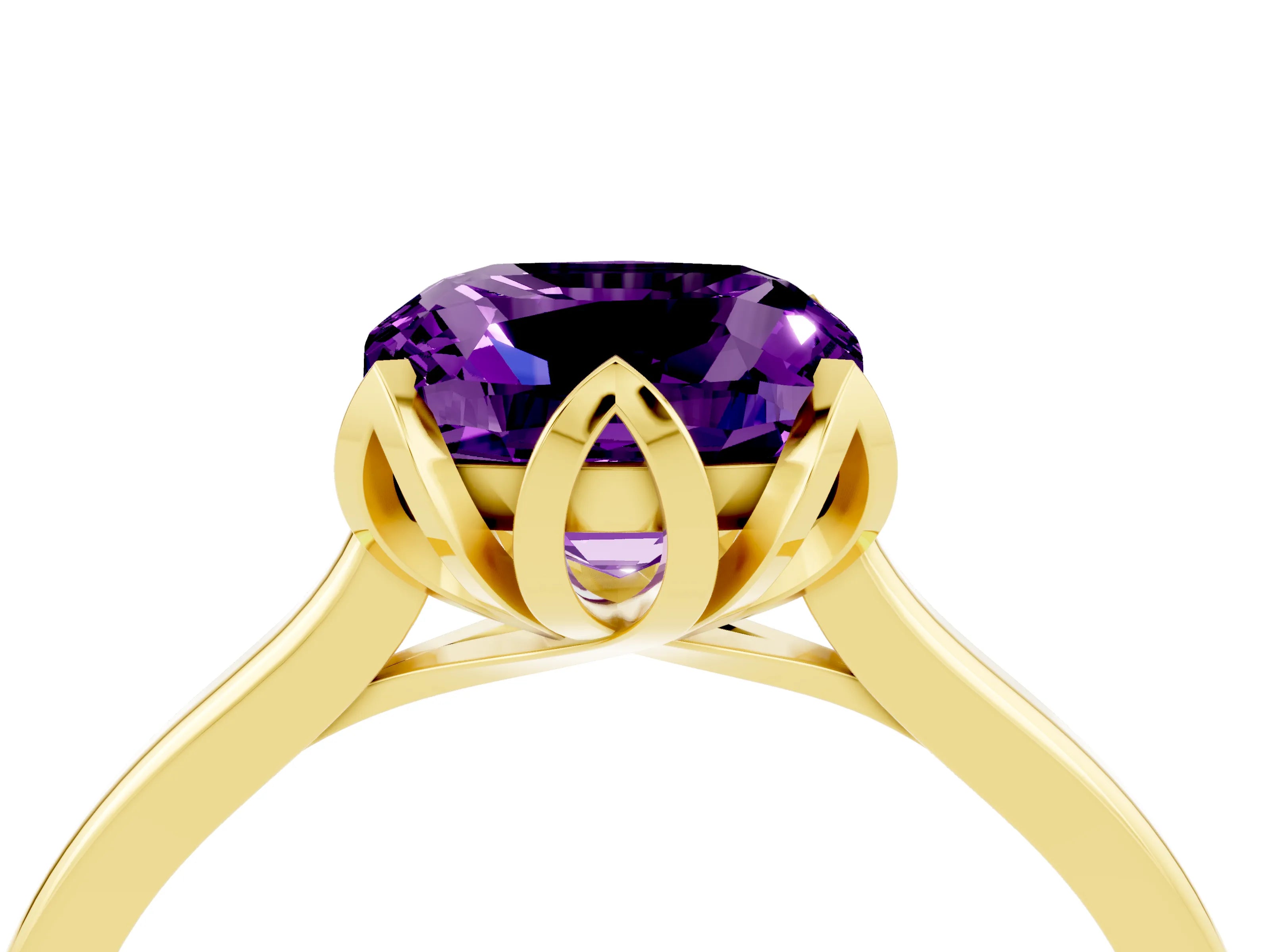 Yellow gold Cushion Cut Amethyst Solitaire Ring with Flower Prong Setting and Classic Band_16