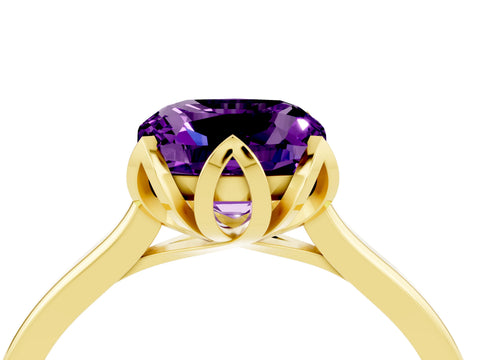 Yellow gold Cushion Cut Amethyst Solitaire Ring with Flower Prong Setting and Classic Band_16
