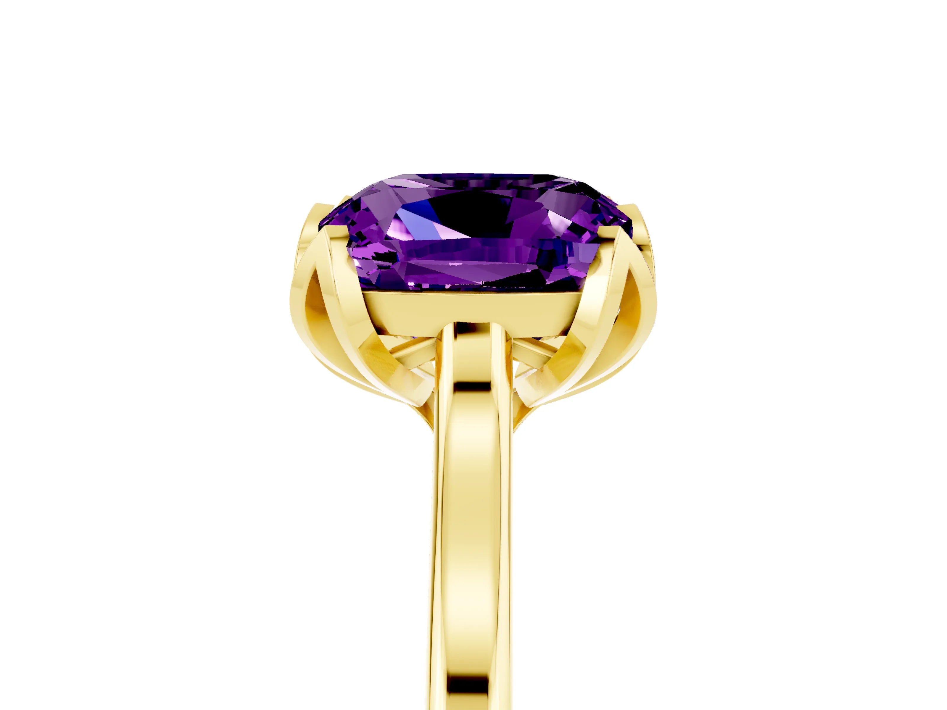 Yellow gold Cushion Cut Amethyst Solitaire Ring with Flower Prong Setting and Classic Band_17