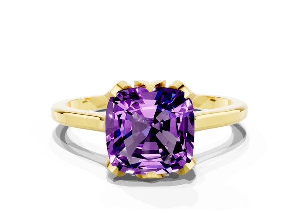 Yellow gold Cushion Cut Amethyst Solitaire Ring with Flower Prong Setting and Classic Band