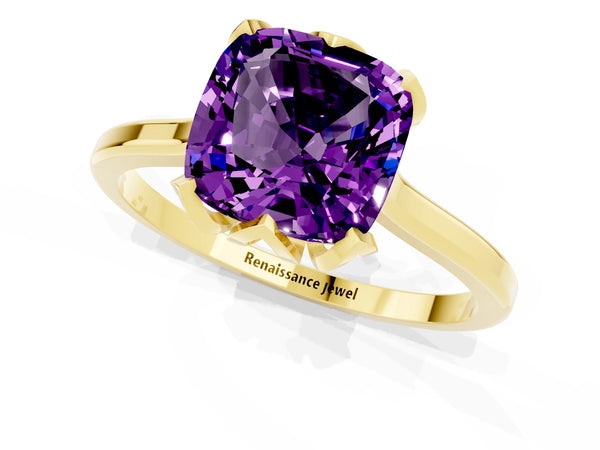 Yellow gold Cushion Cut Amethyst Solitaire Ring with Flower Prong Setting and Classic Band