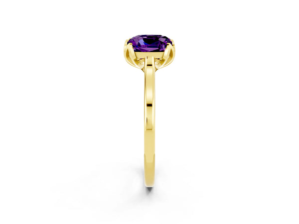 Yellow gold Cushion Cut Amethyst Solitaire Ring with Flower Prong Setting and Classic Band