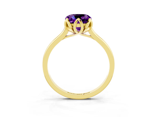 Yellow gold Cushion Cut Amethyst Solitaire Ring with Flower Prong Setting and Classic Band