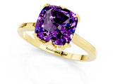 Yellow gold Cushion Cut Amethyst Solitaire Ring with Flower Prong Setting and Classic Band_37