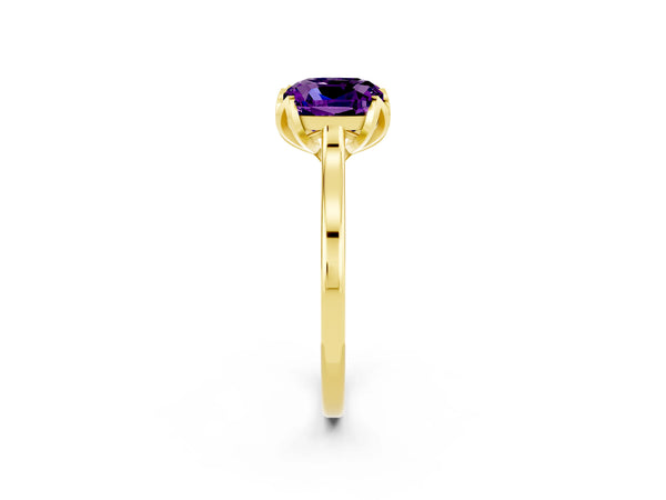 Yellow Gold Cushion Cut Amethyst Floral Solitaire Engagement Ring with Plain Band