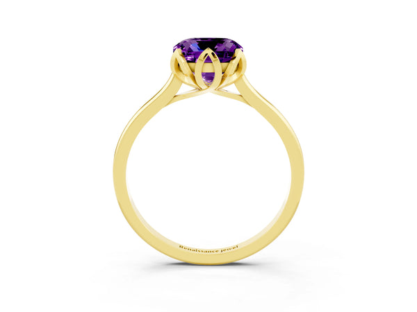 Yellow Gold Cushion Cut Amethyst Floral Solitaire Engagement Ring with Plain Band