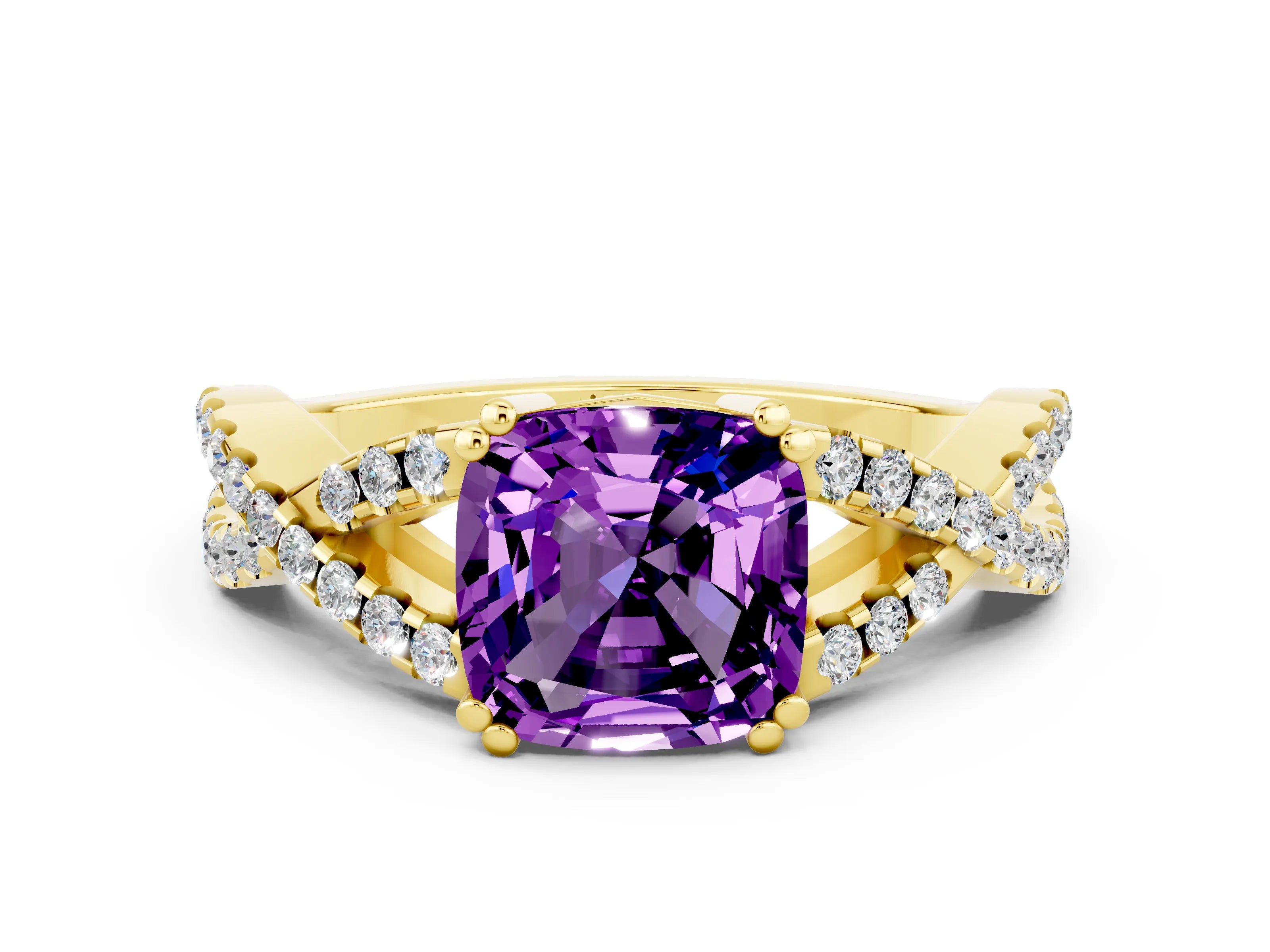 Yellow gold Cushion Cut Amethyst Solitaire Ring with Four-Prong Setting and Twisted Pavé Band