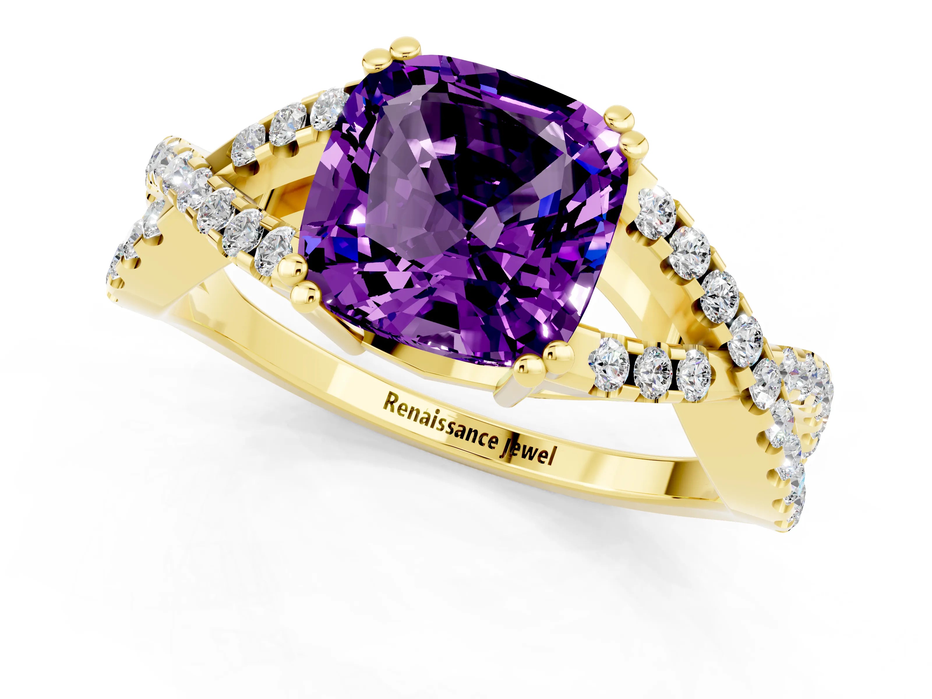 Yellow gold Cushion Cut Amethyst Solitaire Ring with Four-Prong Setting and Twisted Pavé Band_1