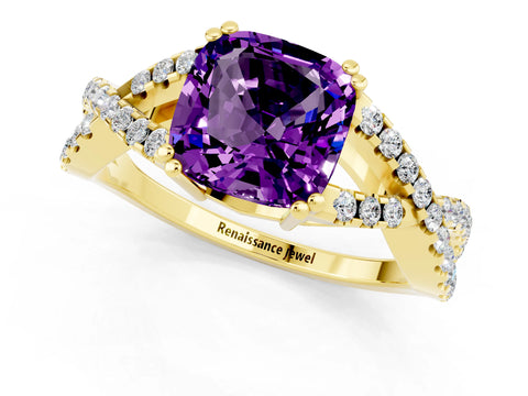 Yellow gold Cushion Cut Amethyst Solitaire Ring with Four-Prong Setting and Twisted Pavé Band_1