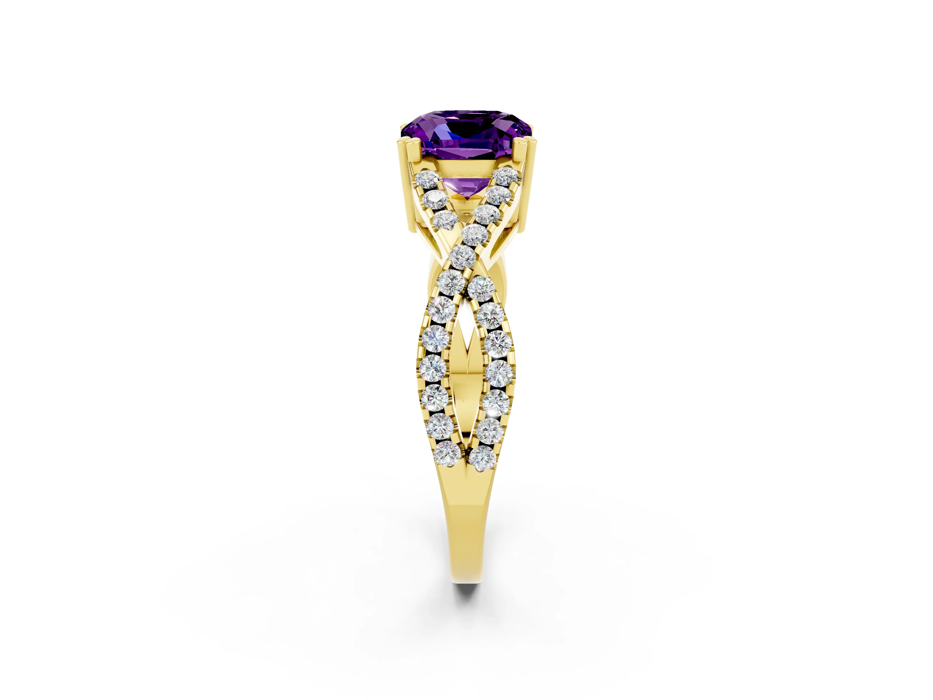 Yellow gold Cushion Cut Amethyst Solitaire Ring with Four-Prong Setting and Twisted Pavé Band_2