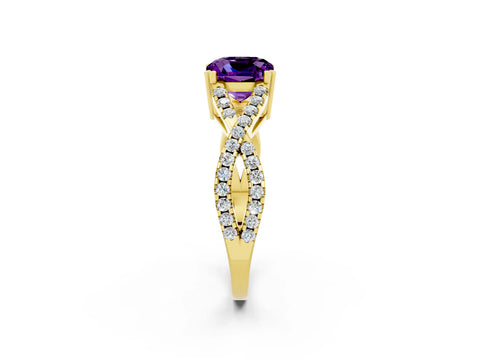 Yellow gold Cushion Cut Amethyst Solitaire Ring with Four-Prong Setting and Twisted Pavé Band_2