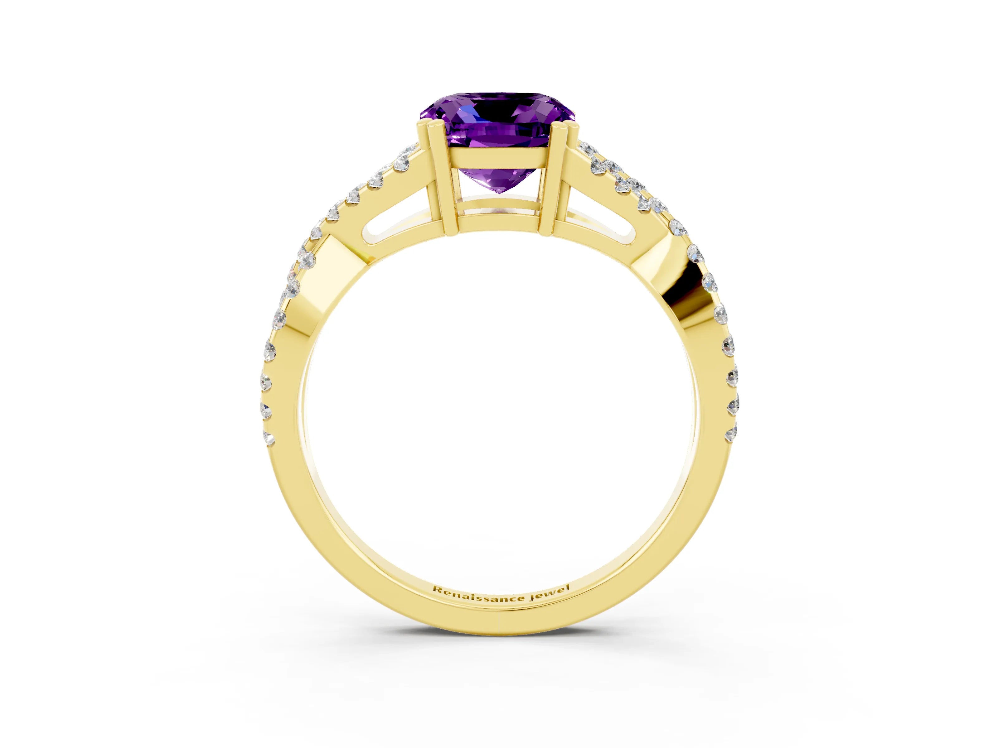 Yellow gold Cushion Cut Amethyst Solitaire Ring with Four-Prong Setting and Twisted Pavé Band_3