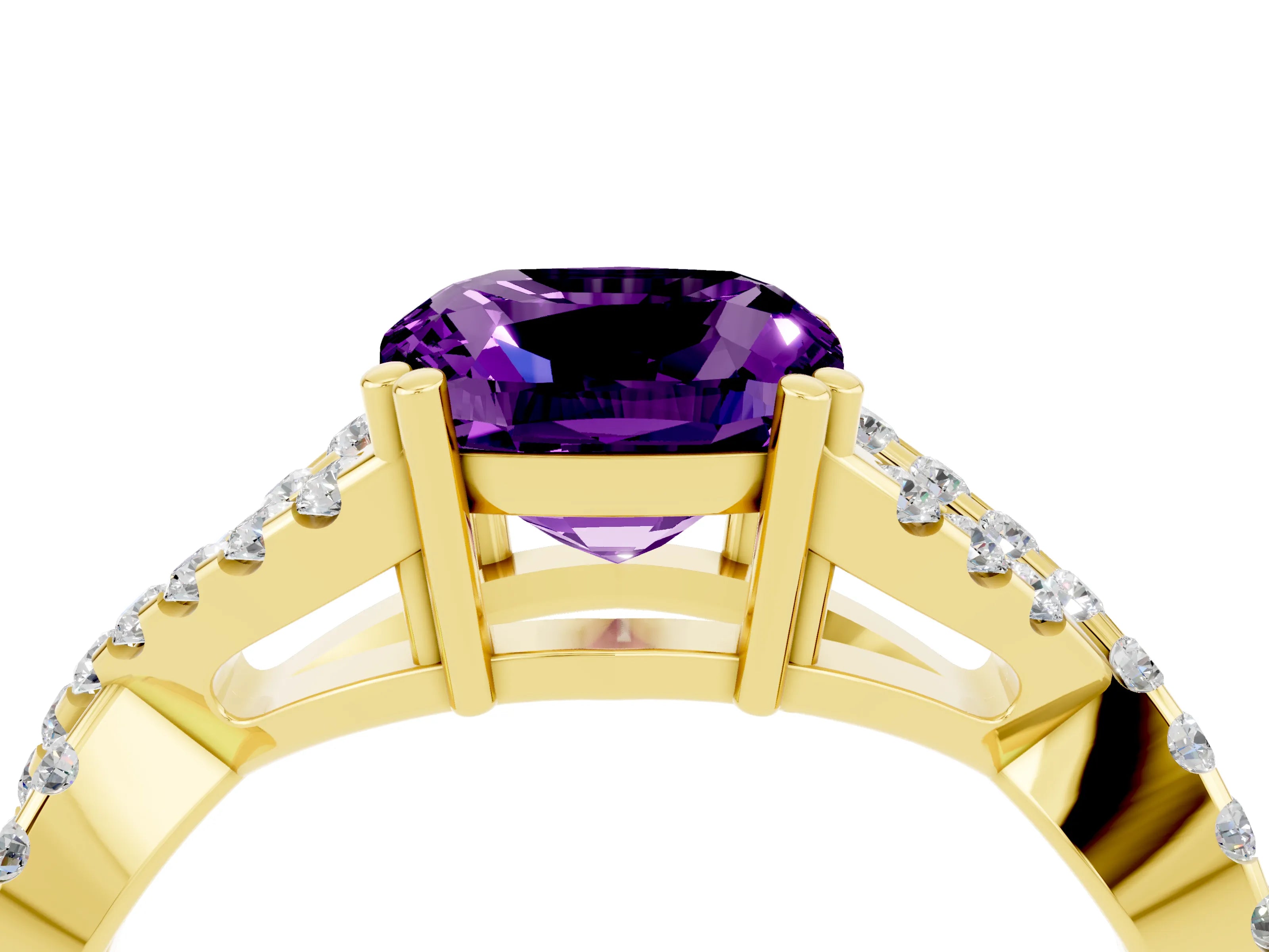 Yellow gold Cushion Cut Amethyst Solitaire Ring with Four-Prong Setting and Twisted Pavé Band_4