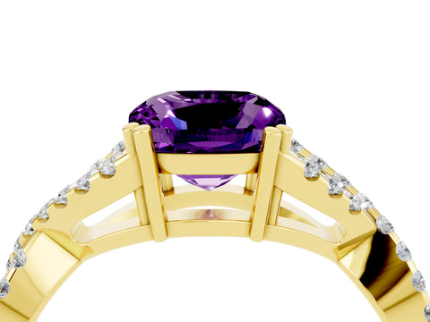 Yellow gold Cushion Cut Amethyst Solitaire Ring with Four-Prong Setting and Twisted Pavé Band_4