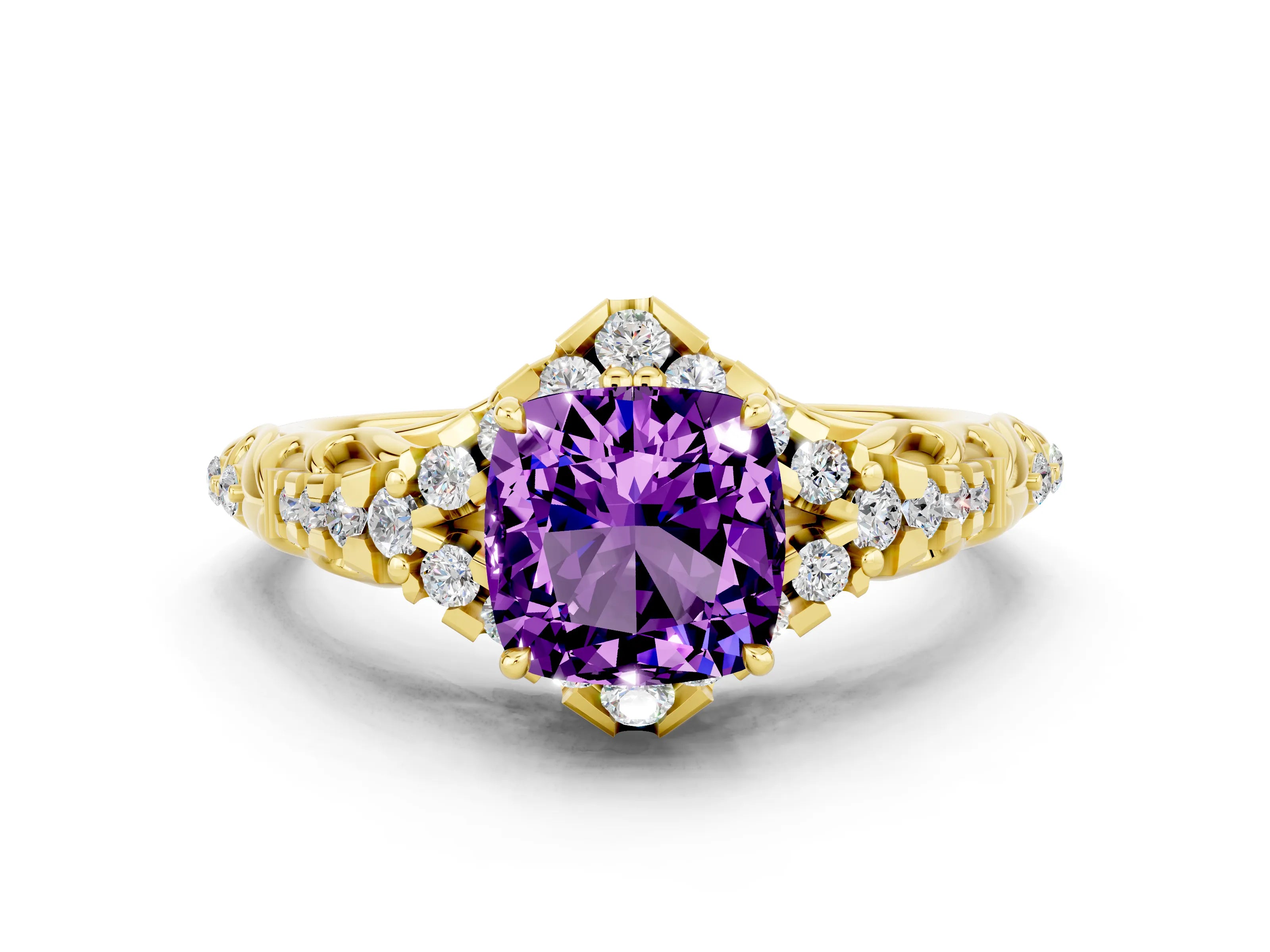 Yellow gold Cushion Cut Amethyst Solitaire Ring with Hidden Halo and Pavé Band_12