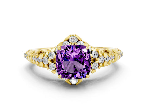 Yellow gold Cushion Cut Amethyst Solitaire Ring with Hidden Halo and Pavé Band_12