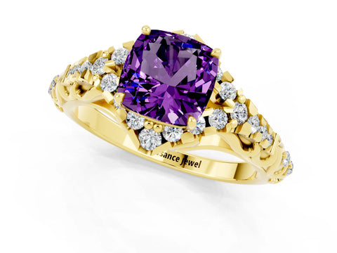Yellow gold Cushion Cut Amethyst Solitaire Ring with Hidden Halo and Pavé Band_13