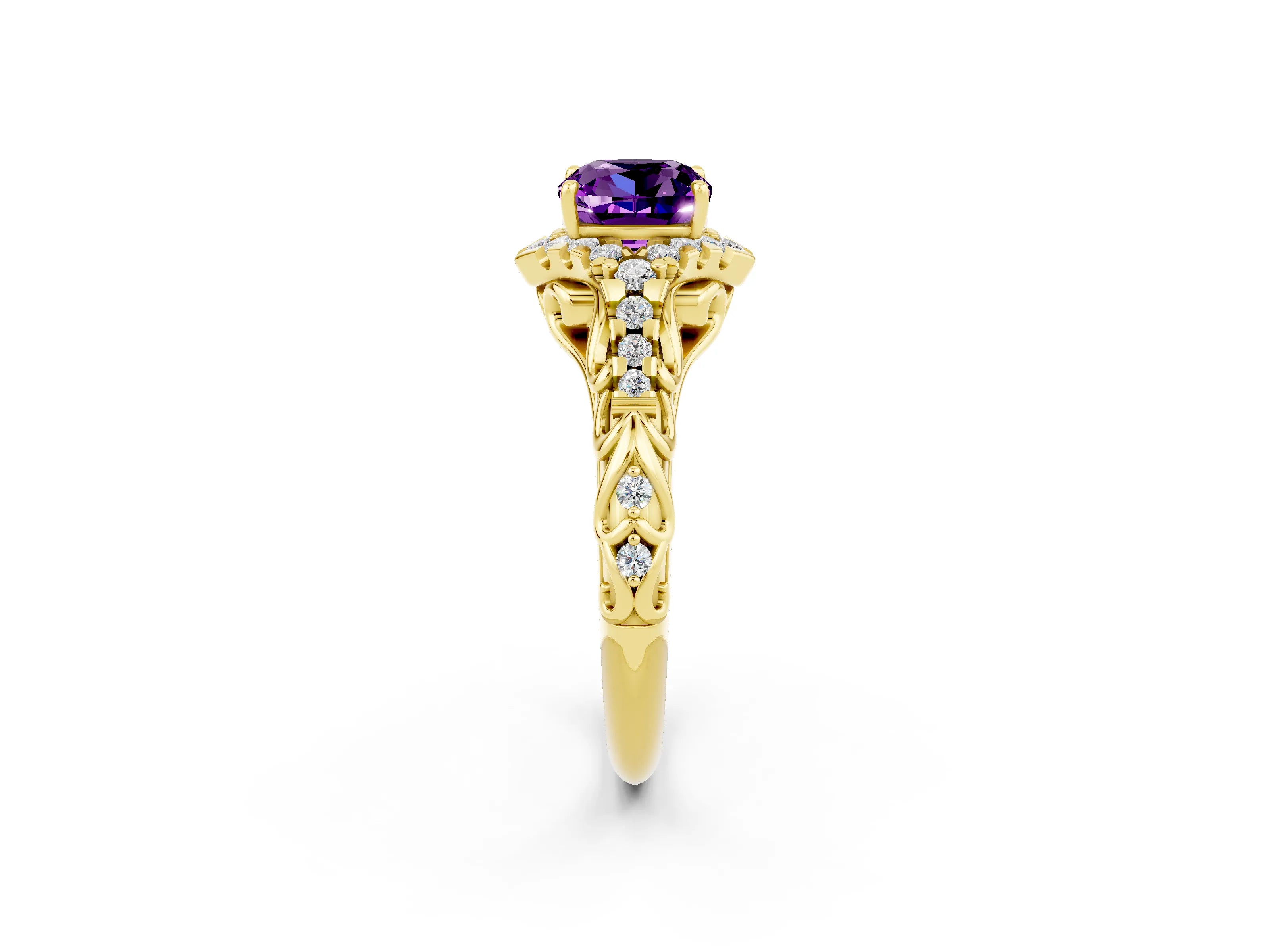 Yellow gold Cushion Cut Amethyst Solitaire Ring with Hidden Halo and Pavé Band_14