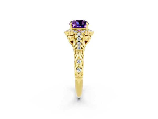 Yellow Gold Cushion Cut Amethyst Hidden Halo Engagement Ring with Filigree Gallery