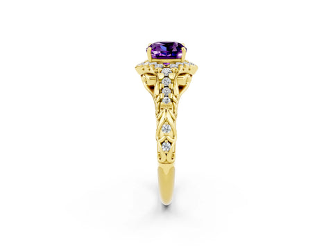 Yellow gold Cushion Cut Amethyst Solitaire Ring with Hidden Halo and Pavé Band_14