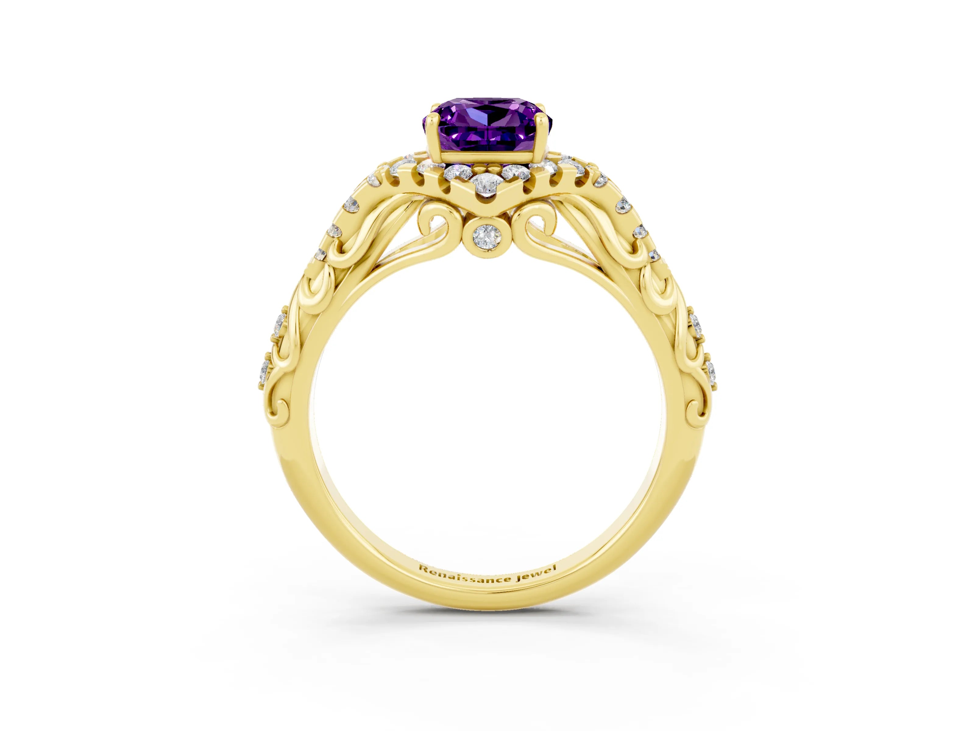 Yellow gold Cushion Cut Amethyst Solitaire Ring with Hidden Halo and Pavé Band_15