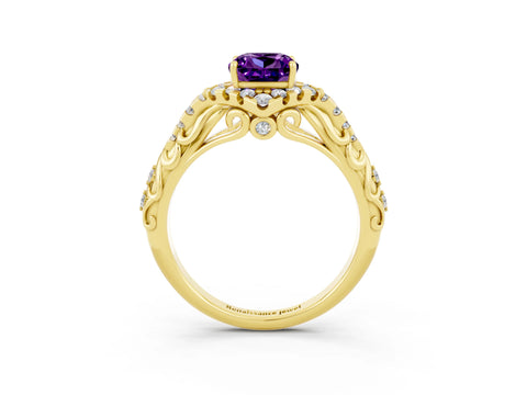 Yellow gold Cushion Cut Amethyst Solitaire Ring with Hidden Halo and Pavé Band_15